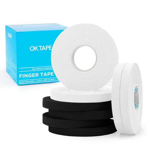 OK TAPE 8 Rolls Athletic Tape, 0.3 Inch Finger Tape for BJJ, Boxing, Climbing, Football, Pro Jiu Jitsu Sports Tape | Add Grip & Protect Fingers and Toes (0.3" x 45 Ft, 4 Rolls Black + 4 Rolls White)