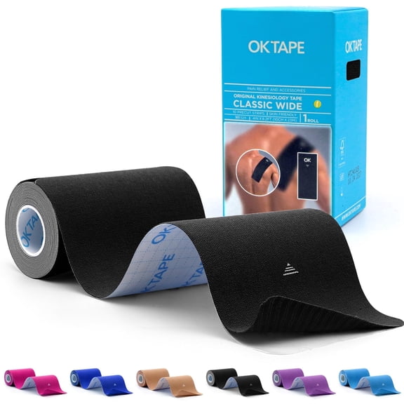 OK TAPE Extra Wide Kinesiology Tape, Precut K Tape Strips, Elastic Physical Therapy Athletic Tape for Pain Relief & Joint Support | Back, Shoulder, Knee (4" x 10" - 10Pcs) Black