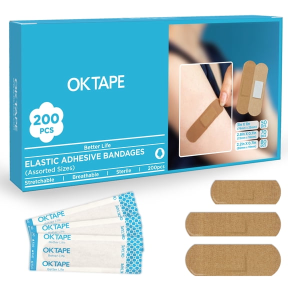 OK TAPE Fabric Adhesive Bandages, 200 Ct, Sterile, Flexible Bandages for Wounds, 3 Sizes, Latex Free, Breathable, Protection for First Aid