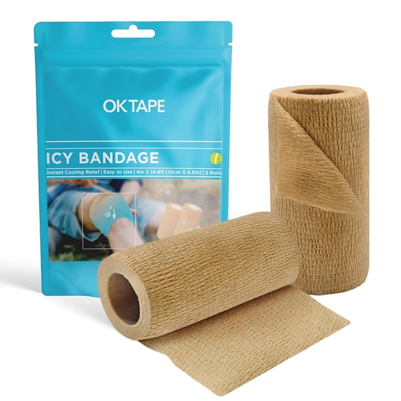 OK TAPE Ice Self Stick Bandage Wrap, Instant Cold Relief for Knee, Ankle, Wrist, Cold Compress Elastic Athletic Tape for Sports Injuries, No Refrigeration Needed, 4 Inch x 15 Feet, 2 Rolls, Beige