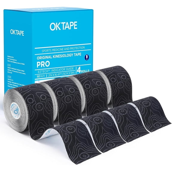 OK TAPE PRO Kinesiology Tape Uncut Roll, Elastic Physical Therapy Athletic Tape for Pain Relief, Muscle Support, Kinetic Tape, Water Resistant, 2in X 16.4ft -Black 4 Pack