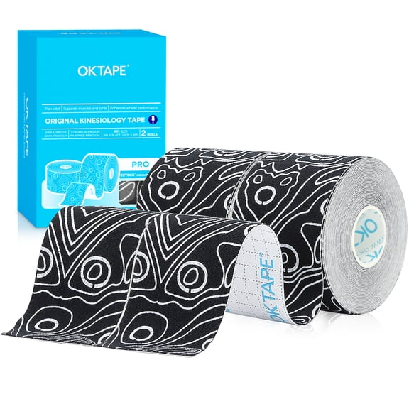 OK TAPE PRO Kinesiology Tape Uncut Roll, Elastic Physical Therapy Athletic Tape for Pain Relief, Muscle Support, Kinetic Tape, Water Resistant, 2in X 16.4ft -Black 2 Rolls