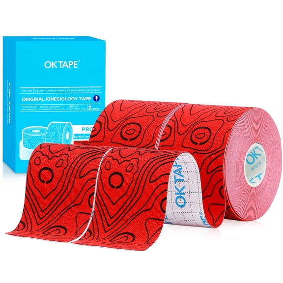 OK TAPE PRO Kinesiology Tape Uncut Roll, Elastic Physical Therapy Athletic Tape for Pain Relief, Muscle Support, Kinetic Tape, Water Resistant, 2in X 16.4ft -Red 2 Rolls