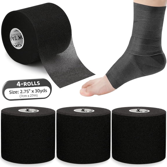 OK TAPE Pre Wrap Tape (4-Rolls, 120 Yards) - Athletic Foam Underwrap for Sports, Protect Ankles Wrists Hands and Knees, 2.75 Inches Black