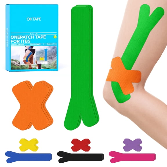 OK TAPE Precut Kinesiology Tape for Knee, Thigh, IT Band Pain Relief, 20 Strips, Provide Support & Stability, Elastic Athletic Tape, Waterproof Knee Tape for Running (Green & Orange)