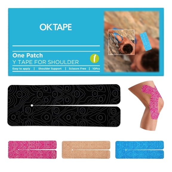 OK TAPE Precut Y-Shape Kinesiology Tape for Shoulder, Knee, Back, 10 Pcs, K Tape Strips, Provide Support & Relieve Discomfort, Water-Resistant Elastic Athletic Tape (3.5" x 10", Black)