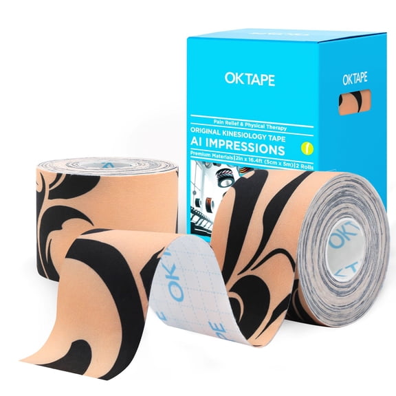 OK TAPE Synthetic Kinesiology Tape, Elastic Physical Therapy Athletic Tape for Pain Relief & Muscle Support, Uncut Kinetic Tape, 2in x 16.4ft- 2 Rolls (Flower)