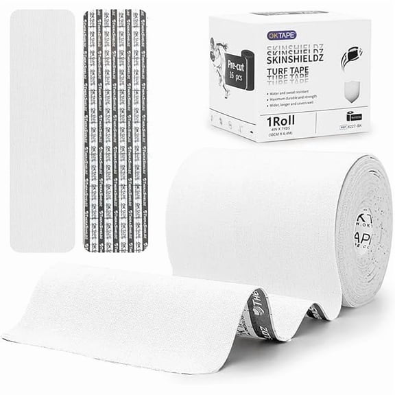 OK TAPE Turf Tape | 4 inch Wide K Tape, Protects Arm from Turf Burn, Waterproof, Ultra Sticky Kinesiology Tape for Football (16 Precut 15.7" Strips) White