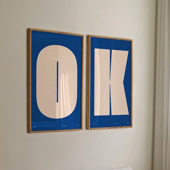 OK Typography Blue Retro Mid Century Color Block Wall Art Set 2 Unframed Paper Print 8x12