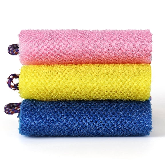 Okaka 3 Pcs African Net Bath Sponge, Double Layer Exfoliating Body Scrubber Washcloth With Handle For All Ages