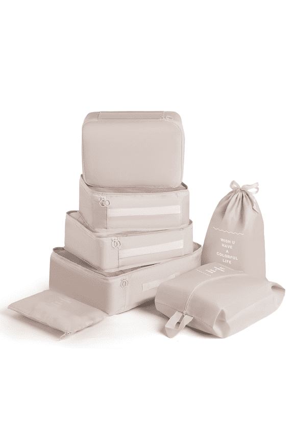 7 Set Packing Cubes Luggage Organizer Bags Lightweight Breathable for Travel Accessories,Beige
