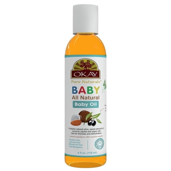 OKAY 100% Natural Baby Oil 4 oz Olive, Almond, Coconut, Jojoba & Argan Oil Blend, Moisturizing Baby Massage Oil for Dry Sensitive Skin, Hypoallergenic, Mineral Oil Free
