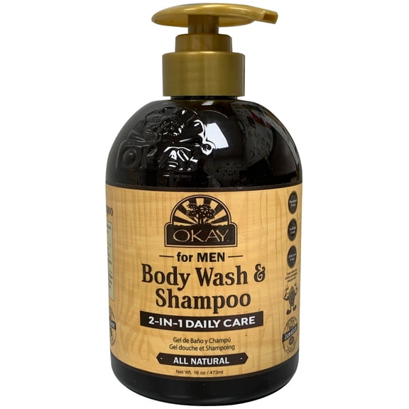 OKAY for Men Body Wash & Shampoo 2-in-1 Daily Care 16 oz All-Natural Cleansing Wash for Hair & Body, Moisturizing & Refreshing