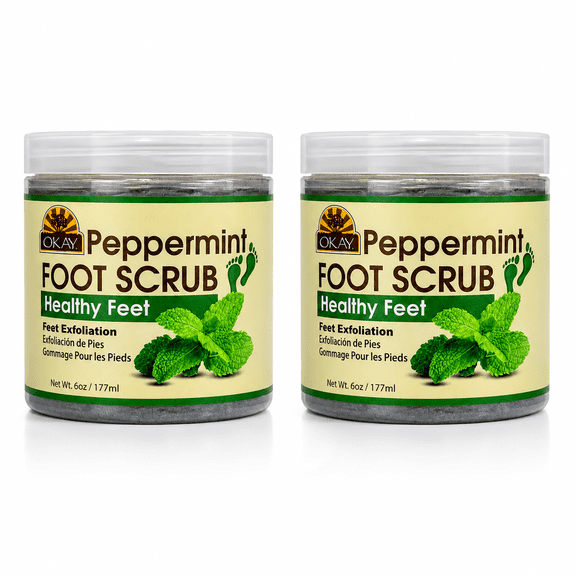 OKAY Peppermint Foot Scrub Pack of 2, Deep Exfoliating Foot Scrub for Dry Rough Feet, Soft Smooth & Renewed Skin, No Parabens Sulfates or Silicones, 6 oz Each
