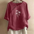 thumbnail image 1 of OKBOP 3/4 Sleeve Summer Tops for Women 2024 Red Floral Crew Neck Cotton and Linen T-Shirts Womens T Shirts, 1 of 4