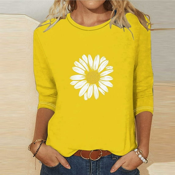 OKBOP 3/4 Sleeve Womens Tops Yellow Crew Neck Floral T-Shirts Womens Shirts Plus Size