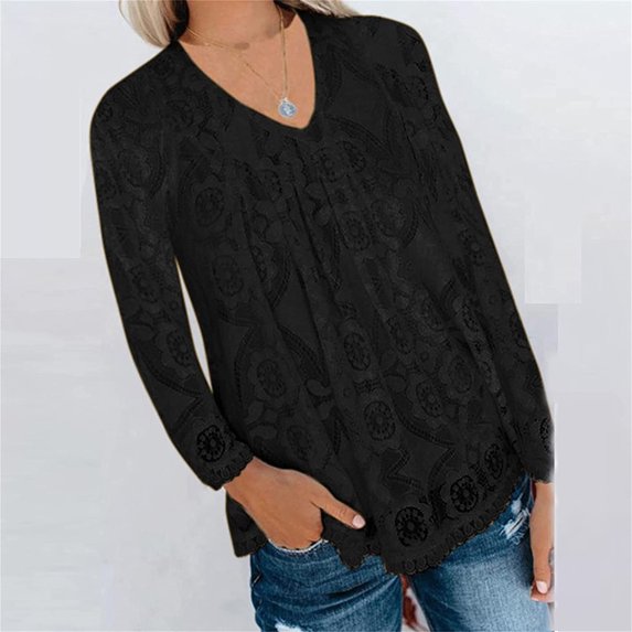 OKBOP Athletic Tops for Women,Fashion Solid Color Lace Splicing V-Neck Long Sleeve Slim T-Shirt Fall Blouses Cowgirl Shirt