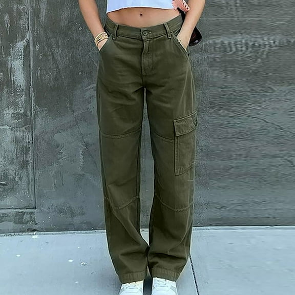 OKBOP Baggy Cargo Pants for Women Fall High Waist Sports Full Length Trousers Straight Wide Leg Harem Hiking with Pockets Trousers