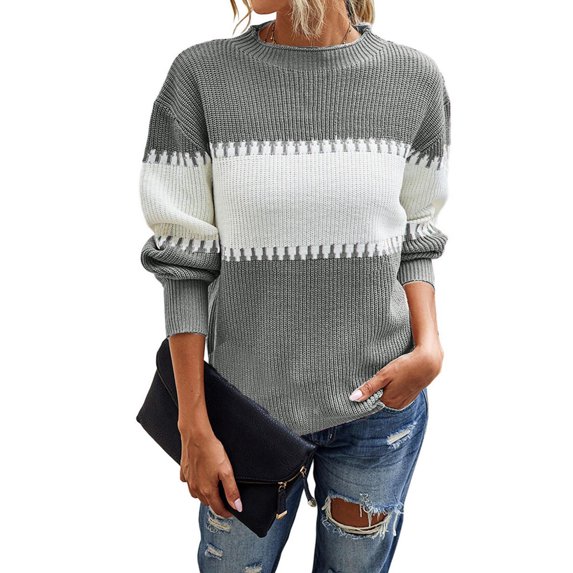 OKBOP Basic Tank Tops for Women, Fashion Long Sleeves Round Neck Color Matching Loose Knitted Sweater Womens Button Down Blouse Shirt