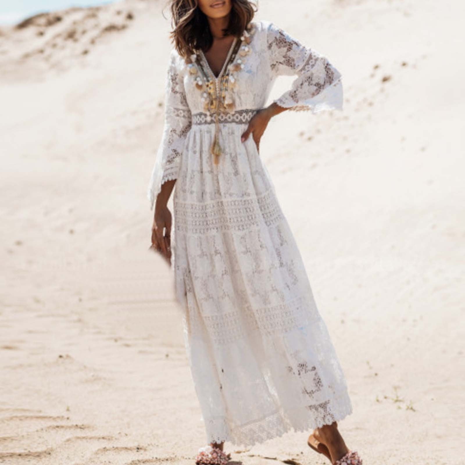 OKBOP Beach Wedding Dresses for Bride-Mini Fashion Lace Three Quarter Sleeve  Evening Dress Party Dress Swallowtail Sundress Summer - Walmart.com