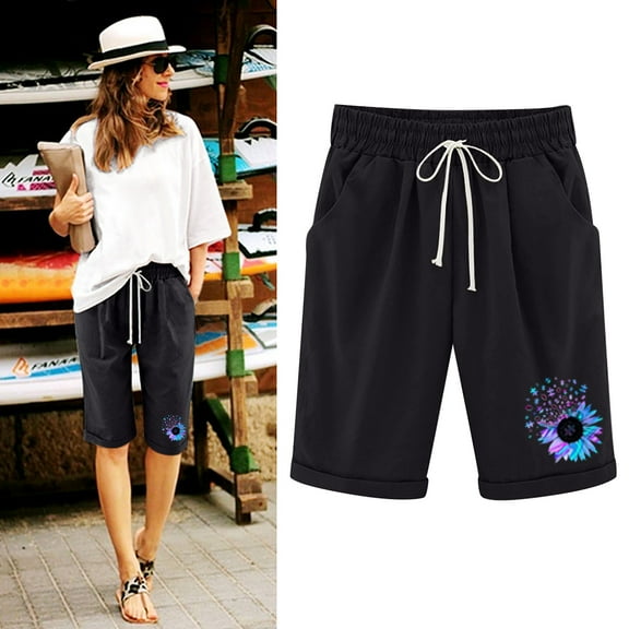 OKBOP Bermuda Shorts for Women Black Casual Graphic Elastic Waist Relaxed Fit Straight-Leg Capris