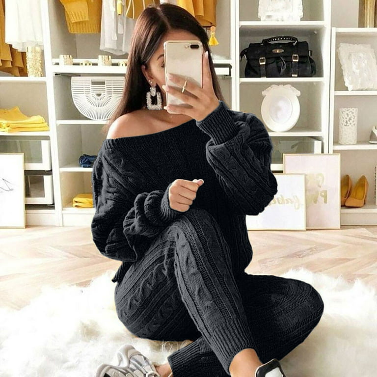 OKBOP Black Leather Pants Women,Solid Color Off Shoulder Long Sleeve Cable  Knitted Warm Two-Piece Long Sweater Suit Set Pants for Women