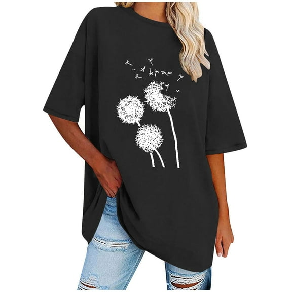 OKBOP Black Trendy Tops for Women 2024 Short Sleeve Floral Crew Neck Tunic T Shirts for Women