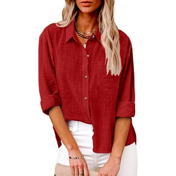 OKBOP Blouse,Solid Color Button Down Shirts V Neck Loose Blouse Longt Sleeve Casual Work Tunic Tops With Pocket for Women