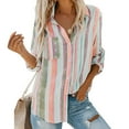 thumbnail image 1 of OKBOP Blouses for Women,Fashion V Neck Striped Roll Up Sleeve Button Down Blouses Tops With Pocket Loose Shirt, 1 of 8