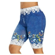 OKBOP Blue Womens Shorts Clearance $5 Floral Biker Shorts Slim-Leg Active Fit Activewear Workout Bottoms