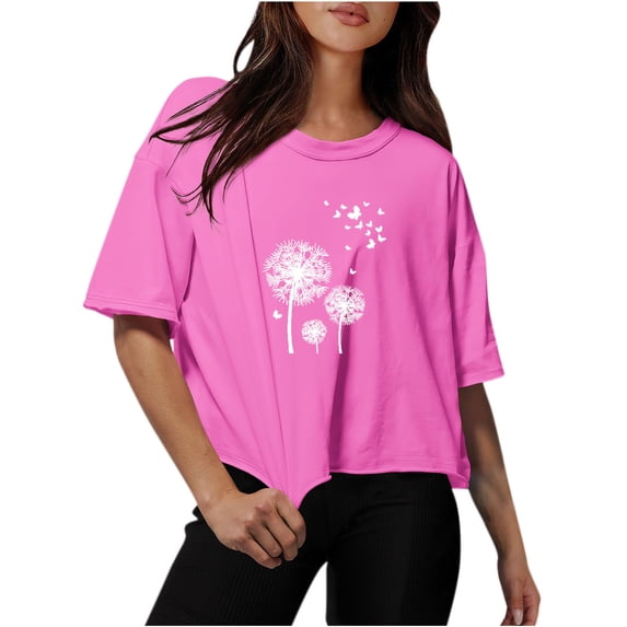 OKBOP Casual Tops for Women Pink Short Sleeve Floral Crew Neck Drop Shoulder T-Shirts Womens Shirts Plus Size
