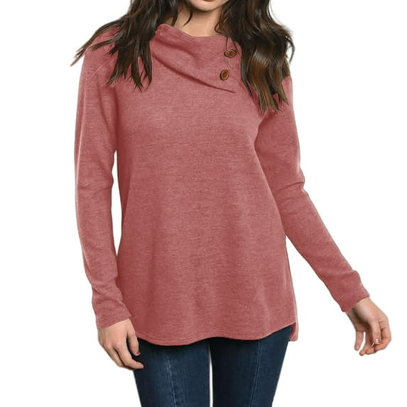 OKBOP Crop Long Sleeve Tops for Women,Casual Solid Loosing Long Sleeve Button Pile Collar T-Shirt Blouses for Women Dressy Casual Vintage Sweatshirt