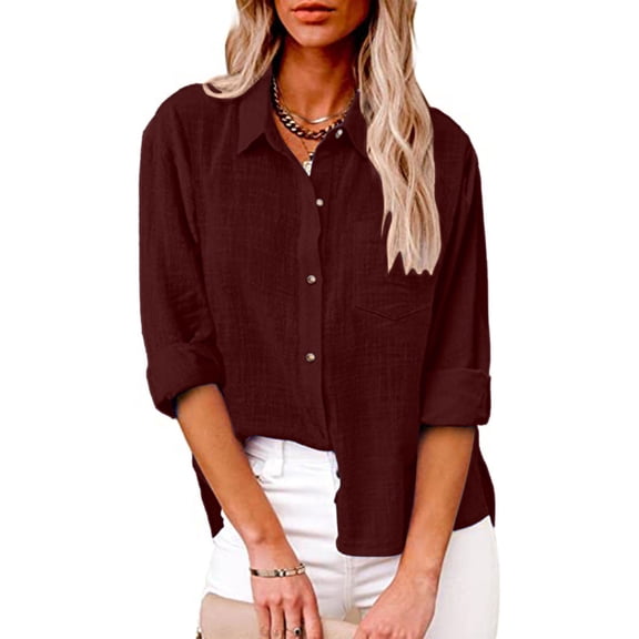 OKBOP Crop Tops,Solid Color Button Down Shirts V Neck Loose Blouse Longt Sleeve Casual Work Tunic Tops With Pocket for Women