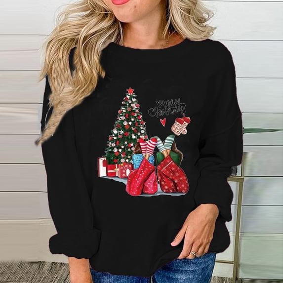 OKBOP Cropped Long Sleeve Tops for Women,Christmas Fashion Casual Long Sleeve Printed Ladies Sweatshirts Plus Size Blouses for Women White Sweatshirt