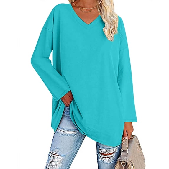 OKBOP Cropped Workout Tops For Women,Casual V-Neck Long Sleeve Solid Loose Shirt Pirate Blouse Black Shirts For Women