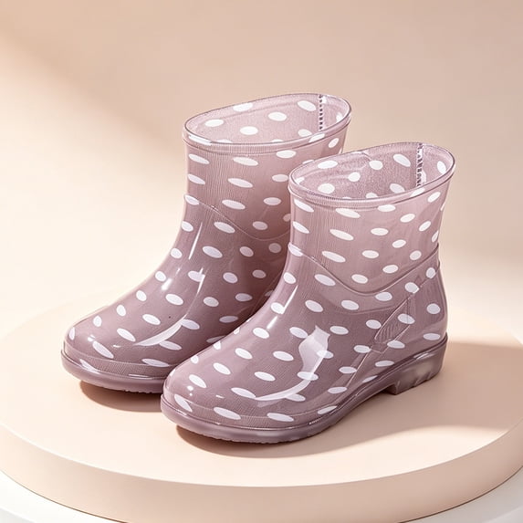 OKBOP Cute Styles rain boots for women waterproof Ankle-High Non-Slip Slouch Pull-On Polka Dots Low Heel