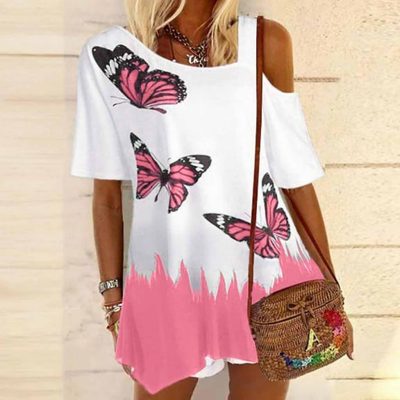OKBOP Dressy Tops for Women,Asymmetric Cold Shoulder Butterfly Print Short Sleeve T-Shirt Women Blouses for Work Dress Shirt