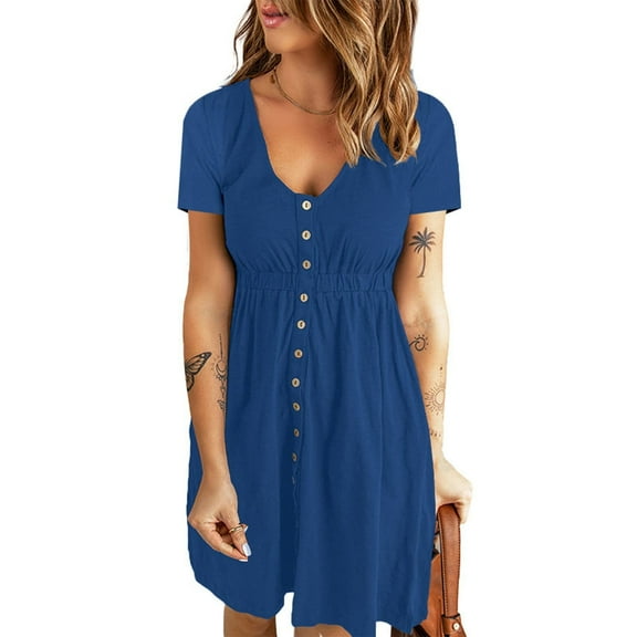 OKBOP Faux-Wrap Dresses for Women Women's Fashion Casual Comfortable Solid Short Sleeve Round Neck Button Knee Length Dress Elegant Dress Blue XXL(12)