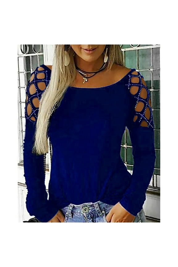 Feather Tops For Women,Sexy Off Shoulder Long Sleeve Hot Drilling Solid Hollow Out O-Neck T-Shirt Women Tops And Blouses Orange Shirt