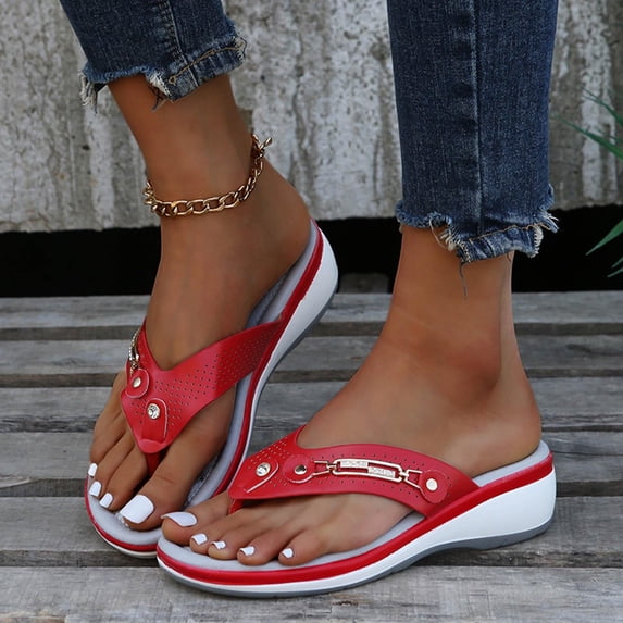OKBOP Flip-Flops Wedge Sandals for Women Open Toe Beach Sandals Cute Arch Support Slip-On Casual Shoes