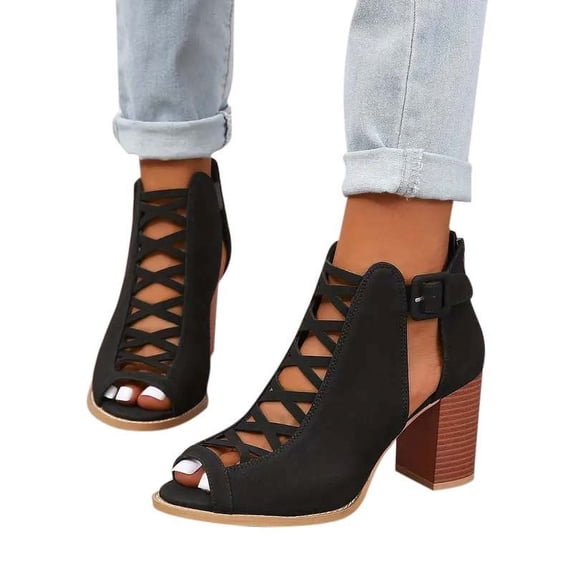 OKBOP Footbed Heeled Sandals for Women Open Toe Sandals Casual Wedding Chunky Cut-Out Shoes