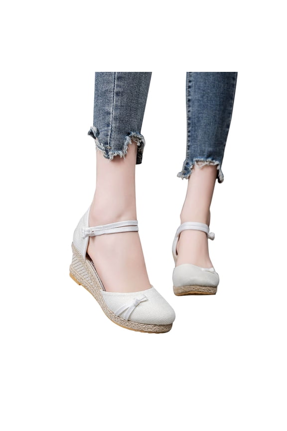Footbed Wedge Sandals for Women Closed Toe Heeled Sandals Comfortable Casual Bow Shoes Decorations