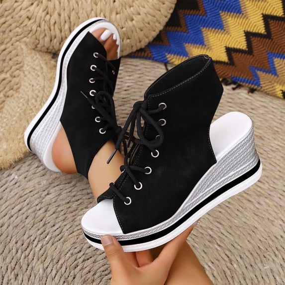 OKBOP Footbed Wedge Sandals for Women Open Toe Comfort Sandals Wedding Casual Lace-Up Shoes