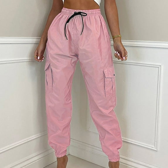 OKBOP Full Length Womens Cargo Joggers High Waist Cuffed Parachute Fall Trousers Scrub Relaxed Fit Elastic Waist Y2k Hiking Jogger