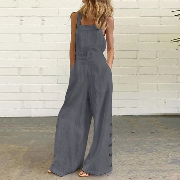 OKBOP Gold Pants,Loose Jumpsuit Casual Suspender Wide Leg Solid Buttons Overalls Pants for Women