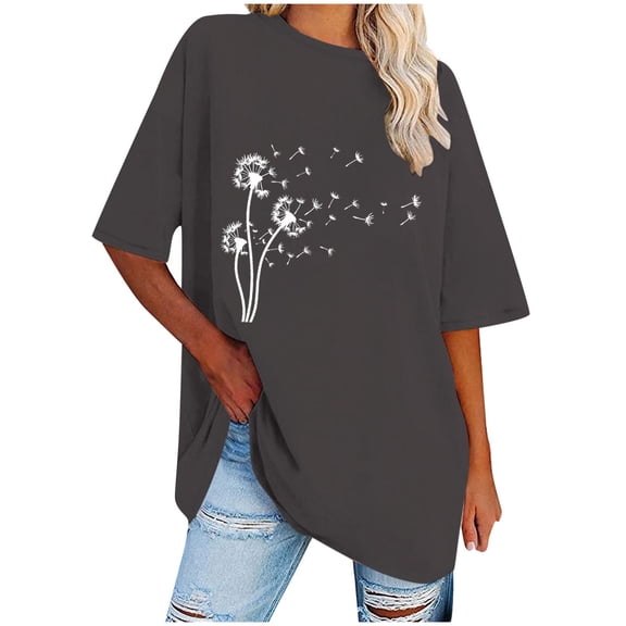 OKBOP Gray Tops for Women Trendy Short Sleeve Crew Neck Floral Tunic Womens T Shirts