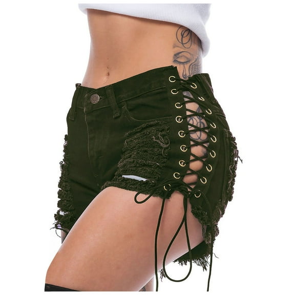 OKBOP Gym Shorts Women Green Casual Wide-Leg Tie-Waist Ripped Relaxed Fit Jeans Shorts