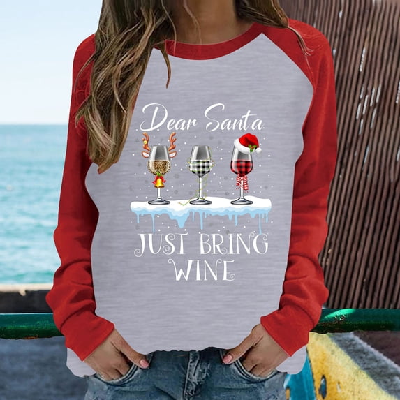 OKBOP High Tops,Spring Patchwork Christmas Printed Long Sleeves Round Neck Casual Tee Women Blouse Shirt
