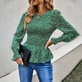 thumbnail image 1 of OKBOP Lace Tops for Women,Round- Neck Floral Print Elastic Waist Pleated Bell Sleeves Lace Lap Long Sleeve Blouse Graphic Sweatshirts for Women, 1 of 9