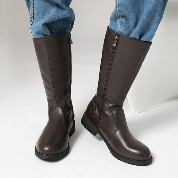 OKBOP Ladies Tall Boots Faux Leather Riding Pull-On Knee-High Fall